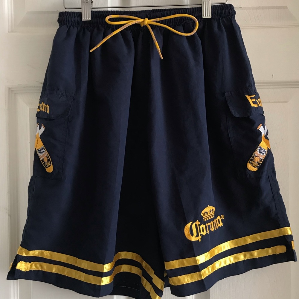 Corona Extra Beer striped swim trunks.